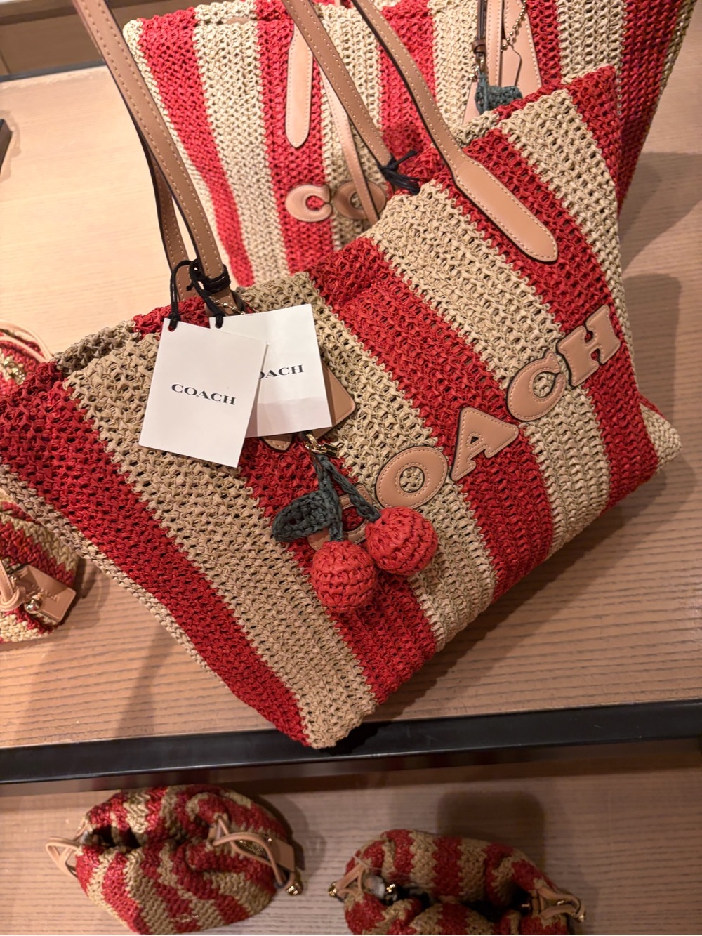 Coach Red and Cream Striped Crochet Tote with Pom-Pom Charm straw city tote new - Picture 5 of 14